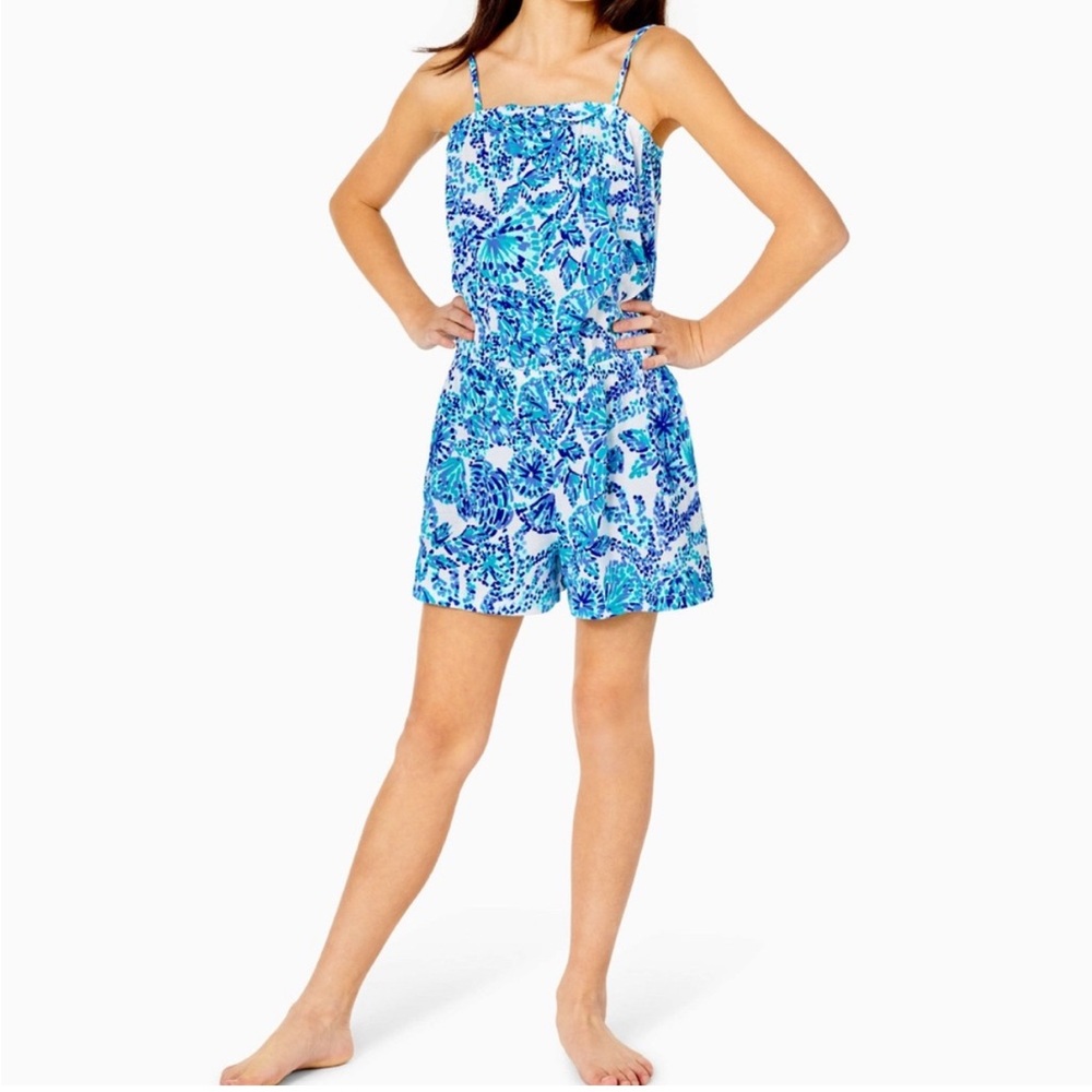 Lilly Pulitzer girls Jaycee Blue and White Romper in Shell Me You Love Me Print
